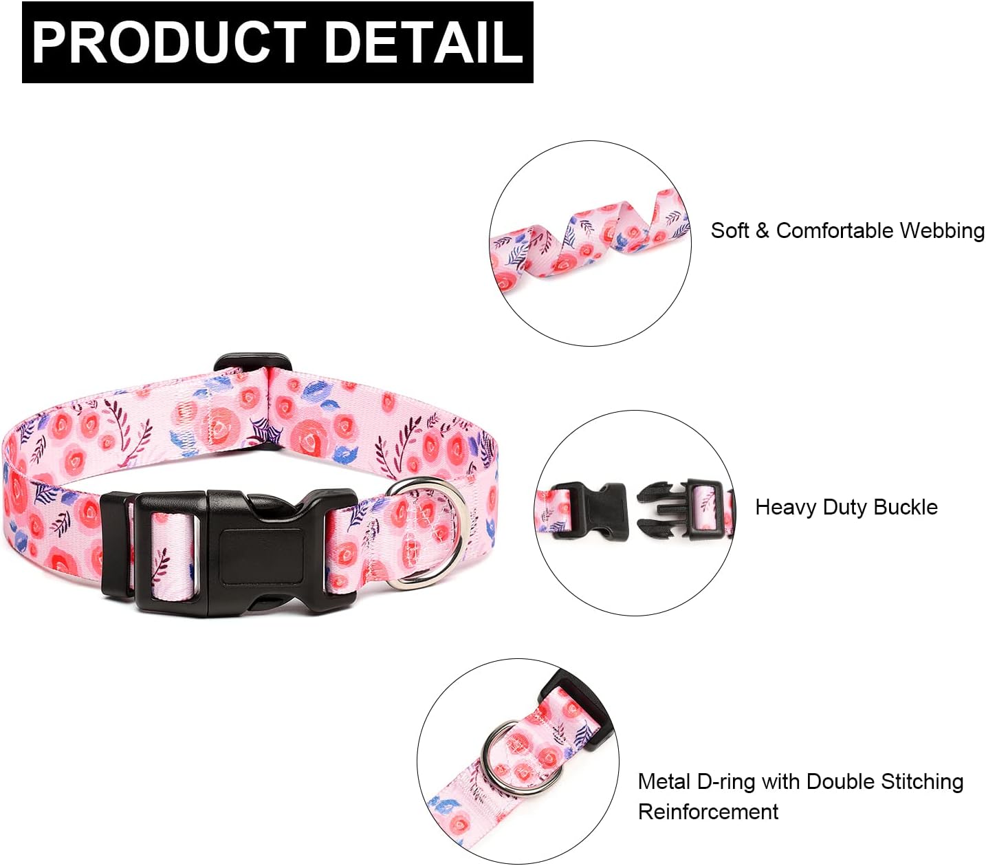 Mercano Adjustable Dog Collar - Special Design Patterns, Soft Nylon Comfortable Durable Pet Collar for Small Medium Large Dogs (L, Rose)