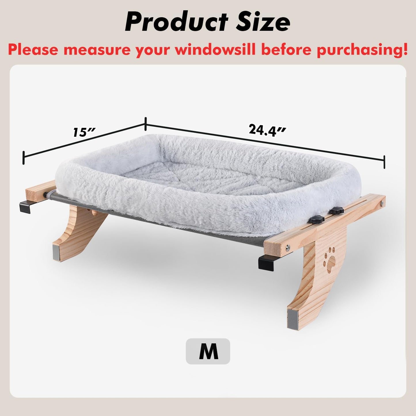 AMOSIJOY Cat Sill Window Perch Sturdy Hammock Window Seat with Cushion Cover, Wood & Metal Frame for Large Cats, Easy to Adjust Cat Bed for Windowsill, Bedside, Drawer and Cabinet (L)