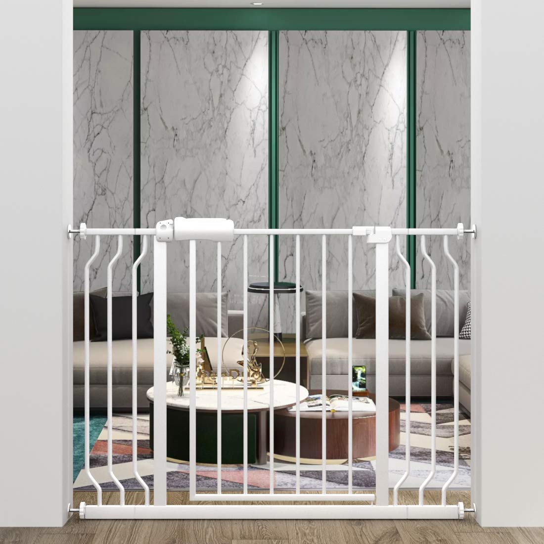 ALLAIBB Extra Wide Pressure Mounted Baby Gate Walk Through Child Kids Safety Toddler Tension White Long Large Pet Dog Gates with Extension for doorways Kitchen (38.58-43.31"/98-110cm)