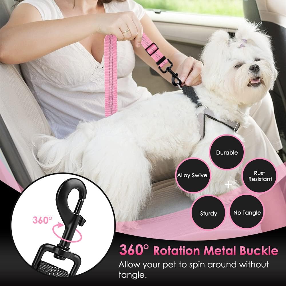 SlowTon Dog Seat Belt, Adjustable Dog Safety Belt Leash, 2 in 1 Latch Bar Attachment Dog Car Seatbelt with Elastic Nylon Bungee Buffer, Reflective Nylon Belt Tether Connect to Dog Harness (Pink)