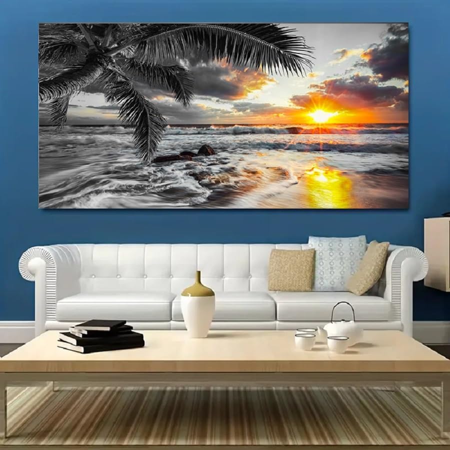 Yxbhhym-Large Canvas Ocean Wall Art Black White Gold Wall Art Beach Pictures for Walls Sunrise Seascape Scenery Print Palm Poster Wave Sea Artwork for Wall Art Living Room Office Wall Decor Bedroom