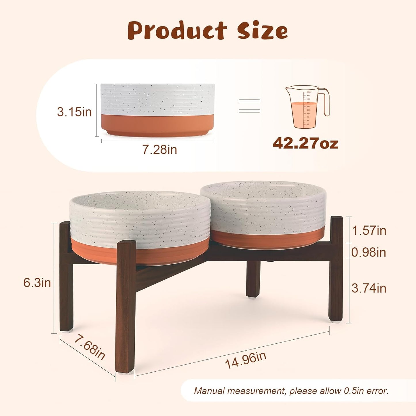 SPUNKYJUNKY Ceramic Elevated Dog Bowl Set with Acacia Wood Stand for Food and Water for Medium Dog (42.27 OZ, White and Reddish Brown)