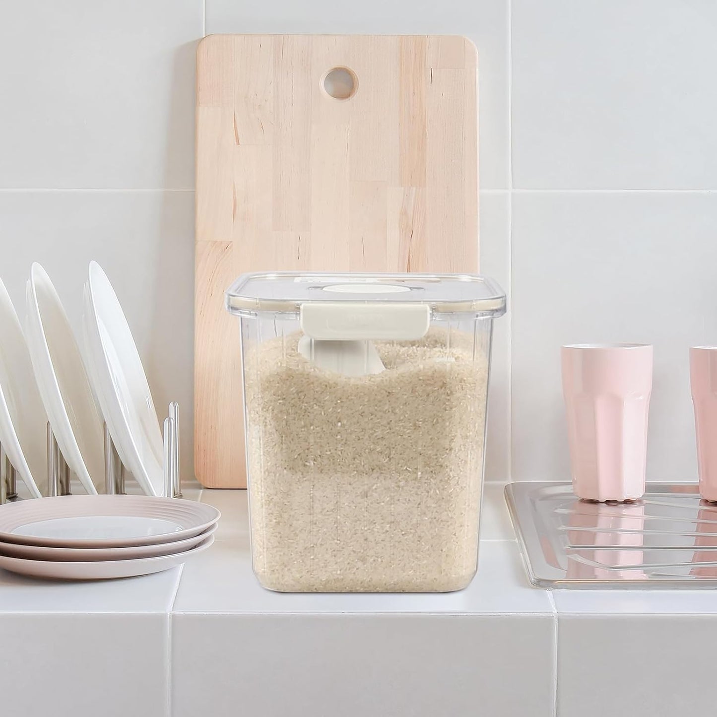 22 Lbs Large Rice Storage Container with Measuring Cup, Clear Pets Food Bin with Seal Locking Lid, Dry Food Flour Bin for Rice, Flour, Pet Food, Baking Supplies