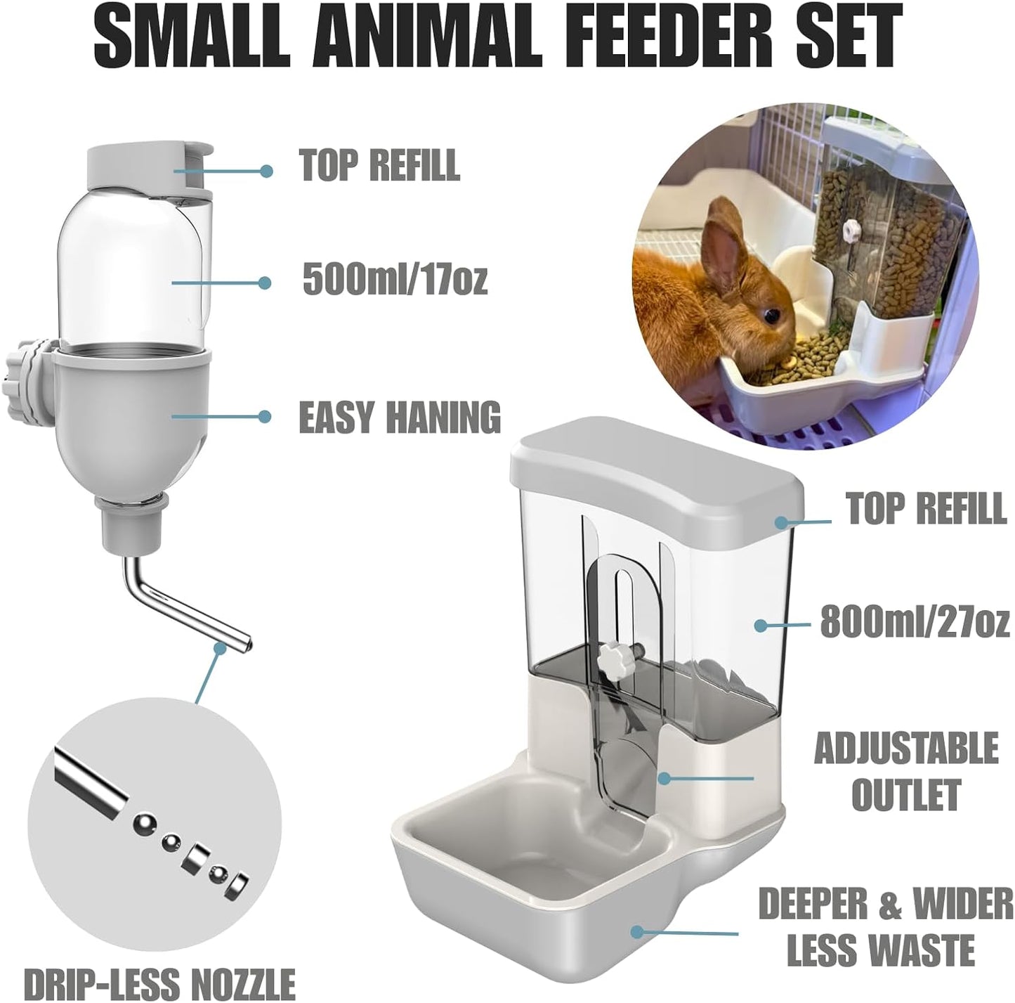 Automatic Pet Food Water Dispenser, Auto Gravity Pet Feeder Water Bottle Set for Crate Cage, Feeding Station for Small Dog Cat Rabbit Guinea Pigs Chinchilla Ferret Hedgehog (Gray)