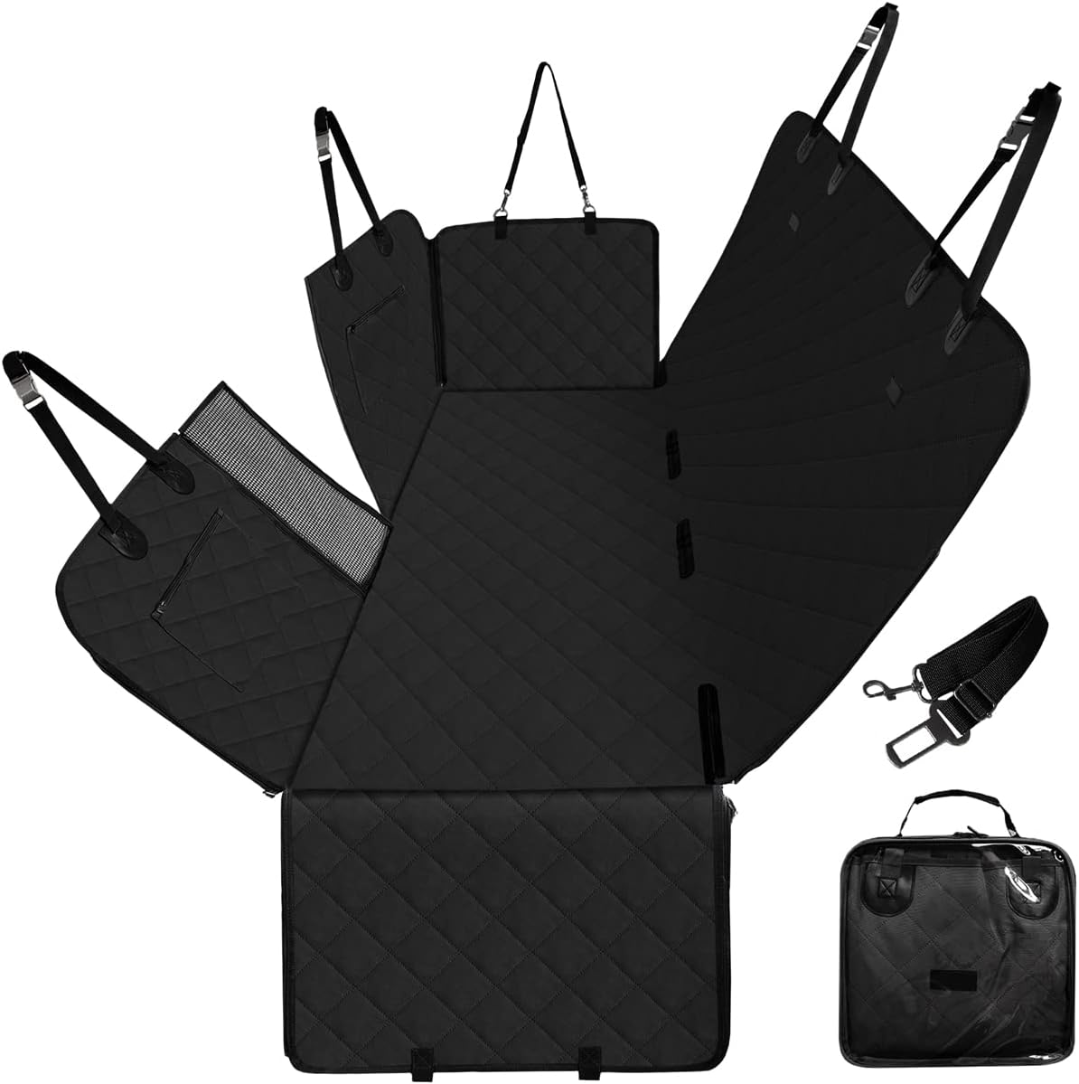 Dog Car Seat Cover for Back Seats 100% Waterproof with Metal Buckle Mesh Window Scratch Proof Heavy Duty Rear Backseat Protector Hammock for Pet, SUV Truck Vehicle Accessories, 54" x 58", Black