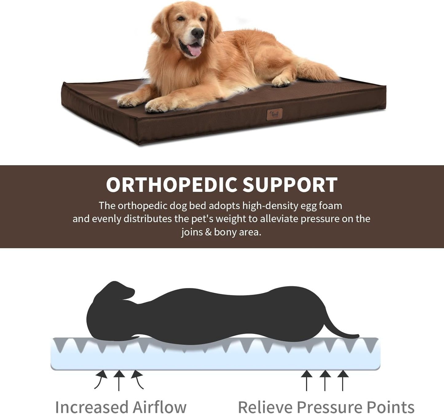 Outdoor Dog Bed for Medium Dogs, Waterproof Dog Crate Bed for Puppy Beds, Orthopedic Egg Crate Foam Pet Bed with Washable and Removable Oxford Cover, Brown