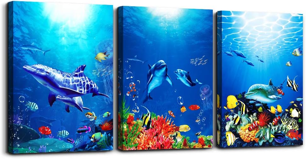 blue ocean fish 3 Pieces Framed Wall Art for Living Room Bathroom Wall Decoration Canvas Print Children's Bedroom Wall decor Office Kitchen Home Decoration Underwater World Watercolor Painting