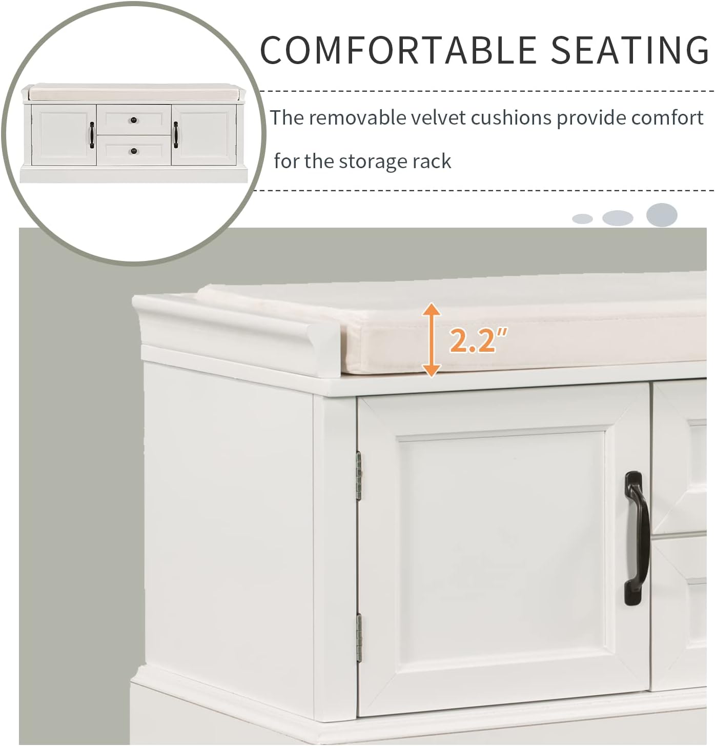 Storage Bench with 2 Drawers and 2 Cabinets, Pine Wood Shoe Bench with Removable Cushion for Living Room, Entryway 42.5" L x 15.9" W x 17.5" H (White)