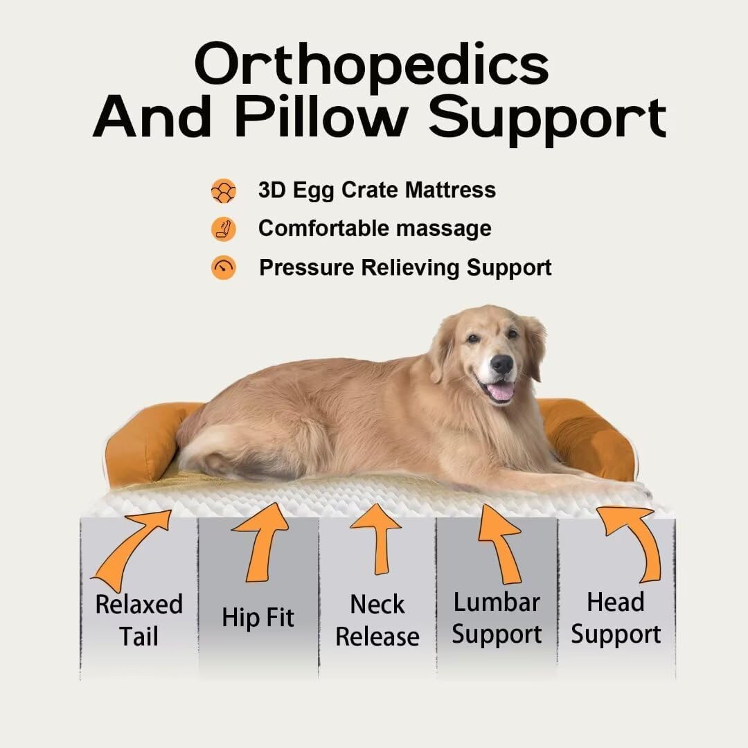 Large Dog Bed Orthopedic Washable, Dog Beds for Large Dogs, Washable Cover Removable Bolster and Non-Slip Bottom Jumbo Orthopedic Orange Dogs Beds, XXLarge Extra Large Pets