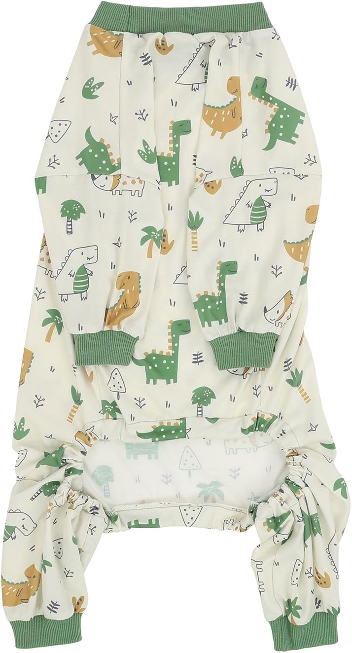HDE Dog Pajamas One Piece Jammies Jumpsuit Pet Clothes Outfit Stretchy Lightweight Comfy Shirt Pjs for M-3XL Dogs Forest Dinos - M