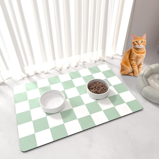 Checkered Dog Cat Feeding Mat, 17'' x 28'' Large Dog Food Mats, Absorbent Pet Feeding Mat for Food and Water Bowl, Dispenser, Checkerboard Pet Placemat with Rubber Backing, Green & White