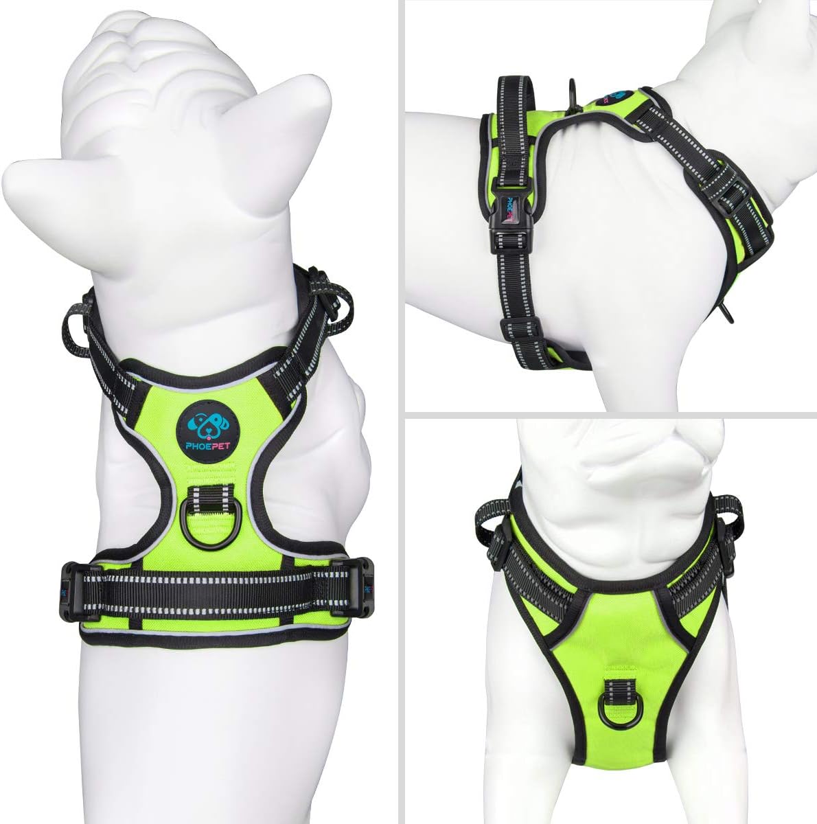 PHOEPET Reflective Dog Harness No Pull Large Breed Vest with 2 Metal Leash Attachment Hooks(XL, Green)
