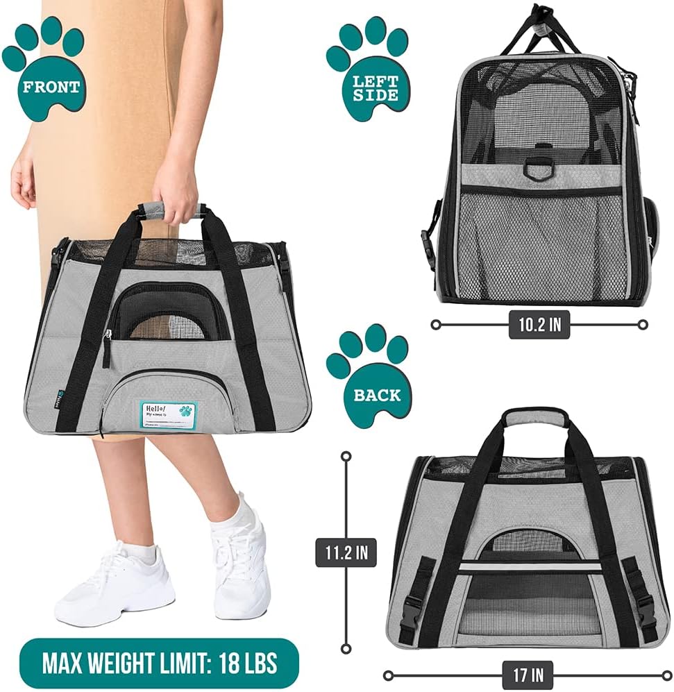 PetAmi Airline Approved Pet Carrier for Cat, Soft Sided Dog Carrier for Small Dogs, Cat Travel Supplies Accessories for Indoor Cats, Ventilated Pet Carrying Bag Medium Large Kitten Puppy, Small Gray