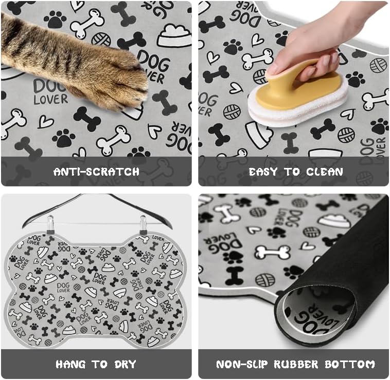 Dog Food Mats for Floors Waterproof, Pet Feeding Absorbent Water Bowl Mat Cat Placemats Gray Bone Shape 19 * 12 inch