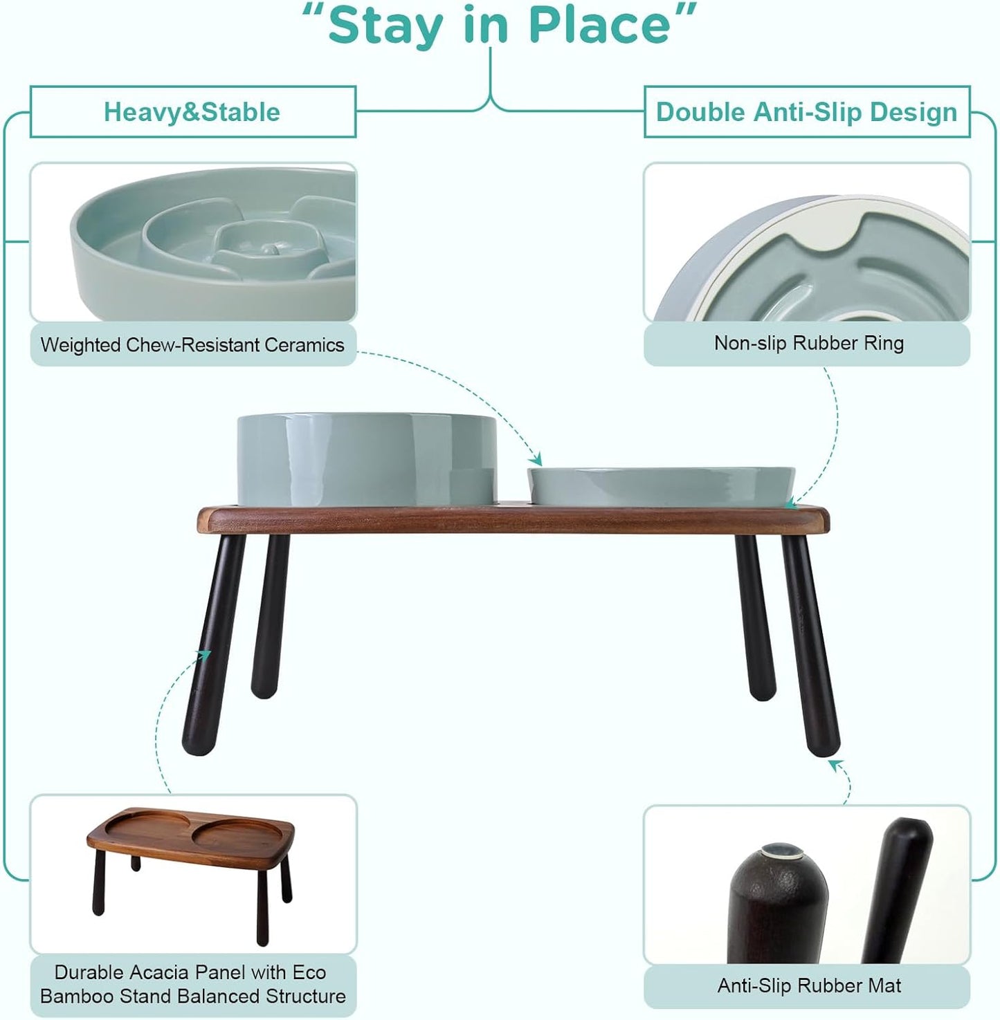 SPUNKYJUNKY Ceramic Elevated Dog Bowls with Slow Feeder Raised Acacia Bamboo Wooden Stand, 8.3'' Dog Food Water Bowls Set Non-Slip for Medium Large Sized Breed Microwave Dishwasher Safe - Light Green