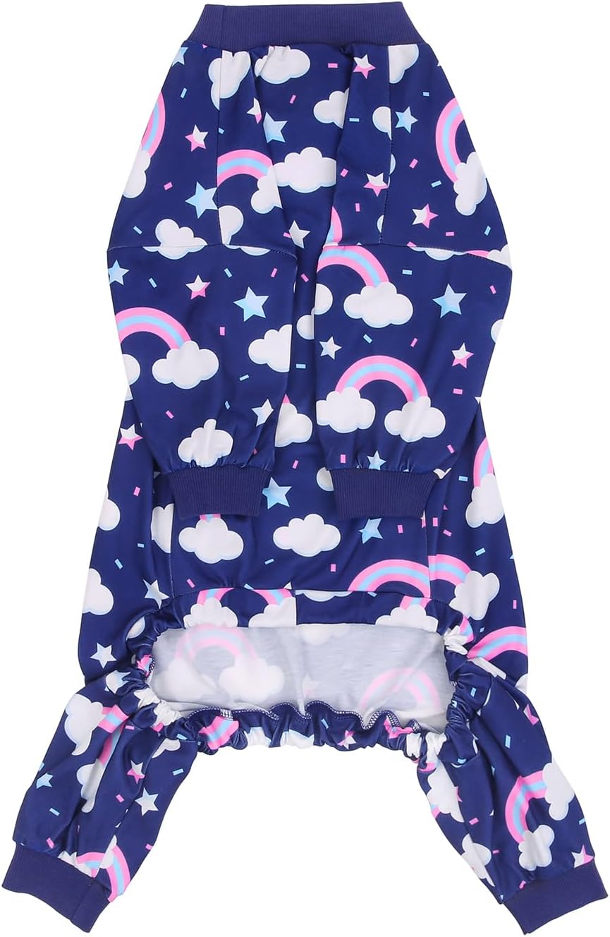 HDE Dog Pajamas One Piece Jammies Jumpsuit Pet Clothes Outfit Stretchy Lightweight Comfy Shirt Pjs for M-3XL Dogs Rainbows - M