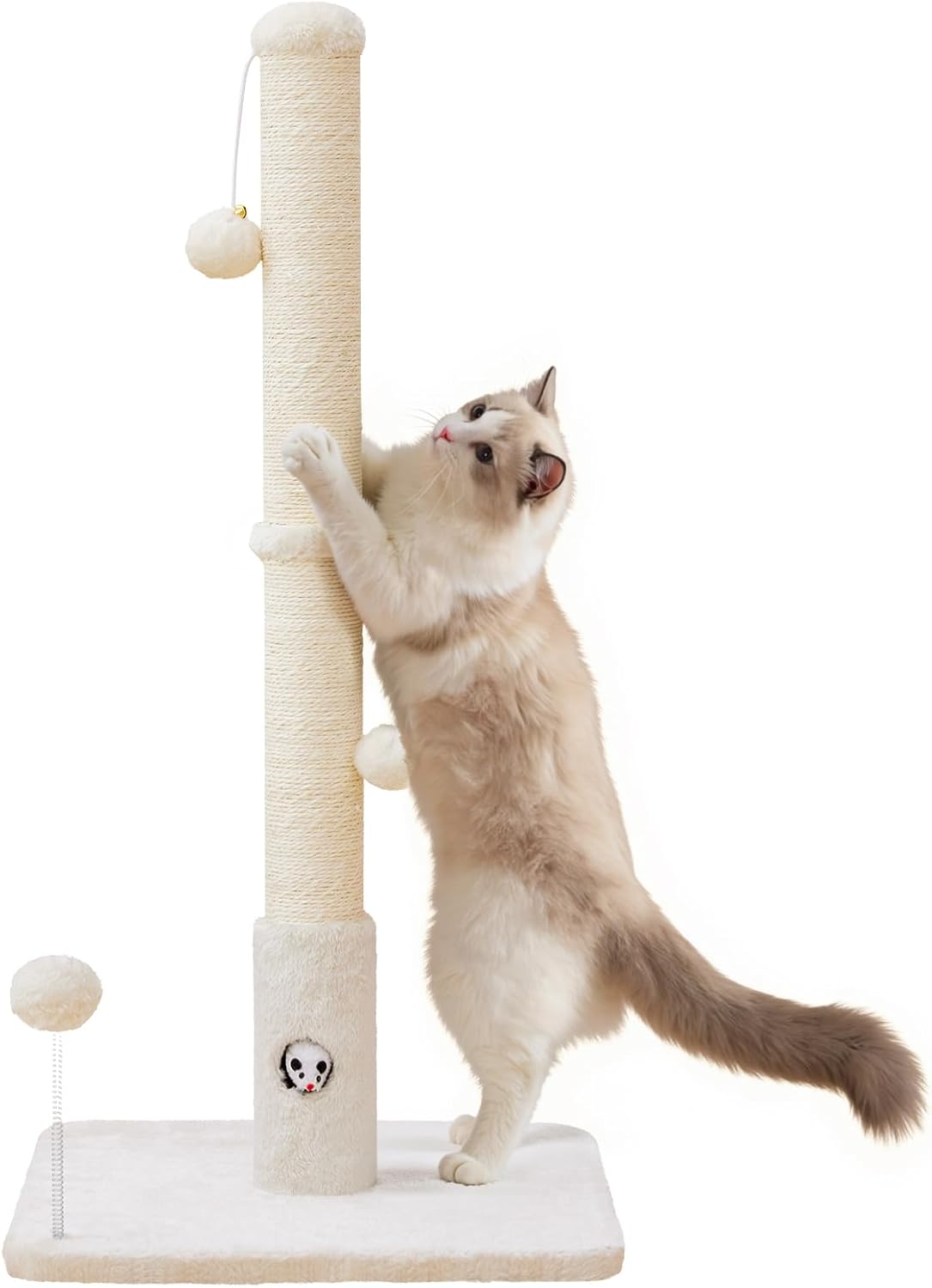 Cat Scratching Posts 33" for Adults Cats, Cat Scratcher with Soft Fabric Covering Base and Durable Sisal Rope, Scratcher with Fun Mouse Hole and Cat Toy for Tall Cats (White)