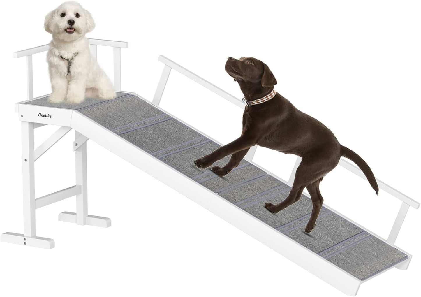 Onelike Wooden Dog Ramp for Bed with Removable Side Rail and Non-Slip Carpet, Stable Pet Ramp Stair for Couch Sofa for Small & Large & Senior Dogs, 60" Long Ramp White