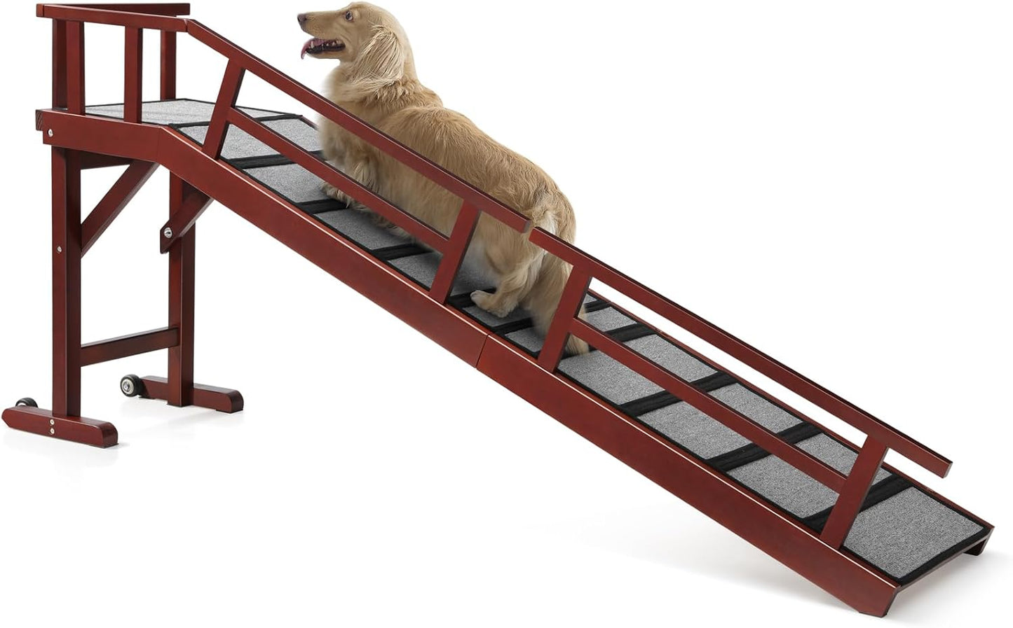 Dog Ramp for Bed or Couch, Wooden Pet Ramp with 20° Gentle Slope, Removable Side Rails, Non-Slip Surface, Top Platform & Wheels, Safe Bed Ramp for Small, Medium & Senior Dogs, 74" Long, Mahogany