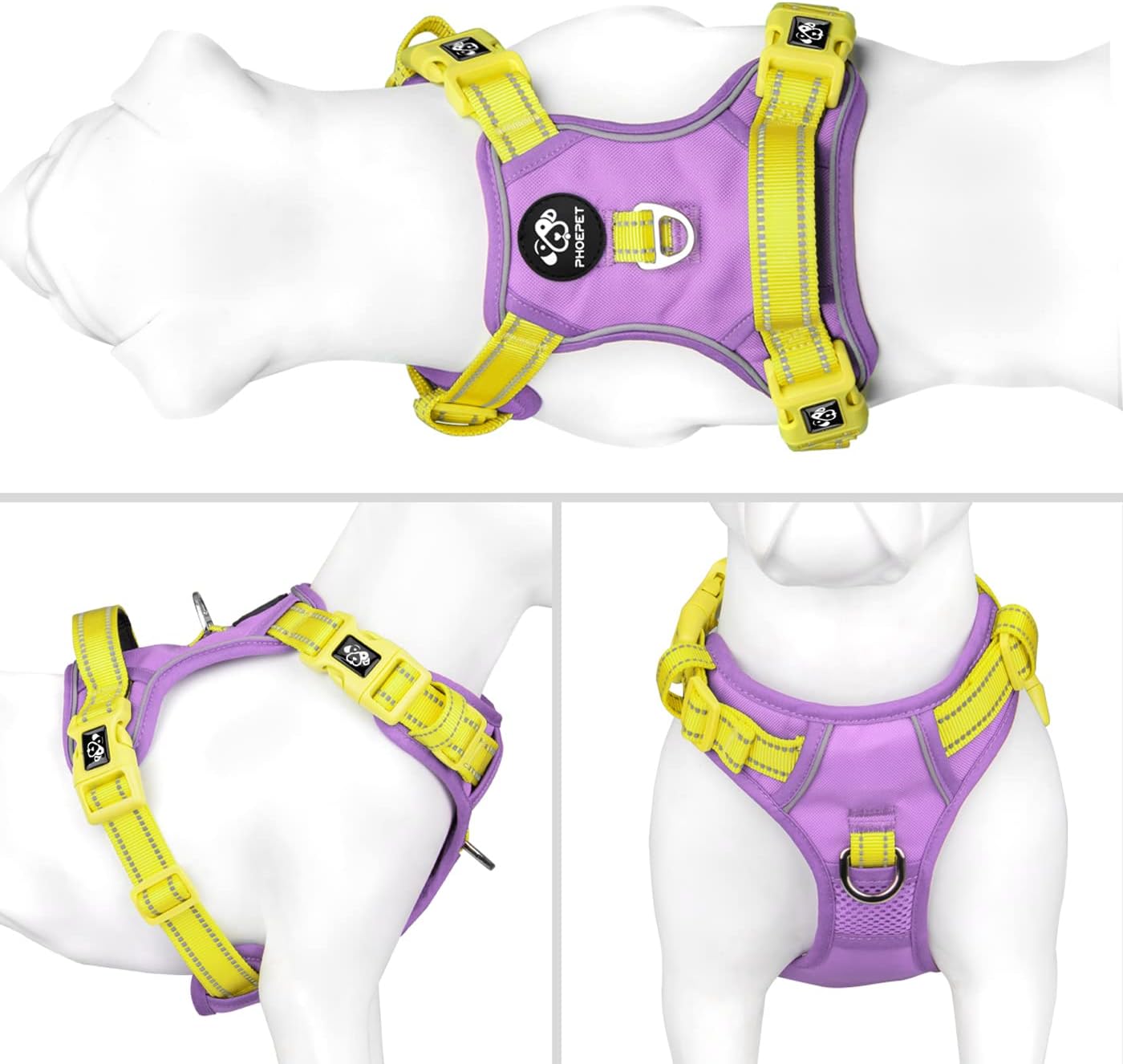 PHOEPET No Pull Dog Harness, Unique Colors Reflective Adjustable Dog Vest, with Soft Training Handle Metal Clips for Small Medium Large Dogs (Baby Purple Base & Yellow Straps,S)
