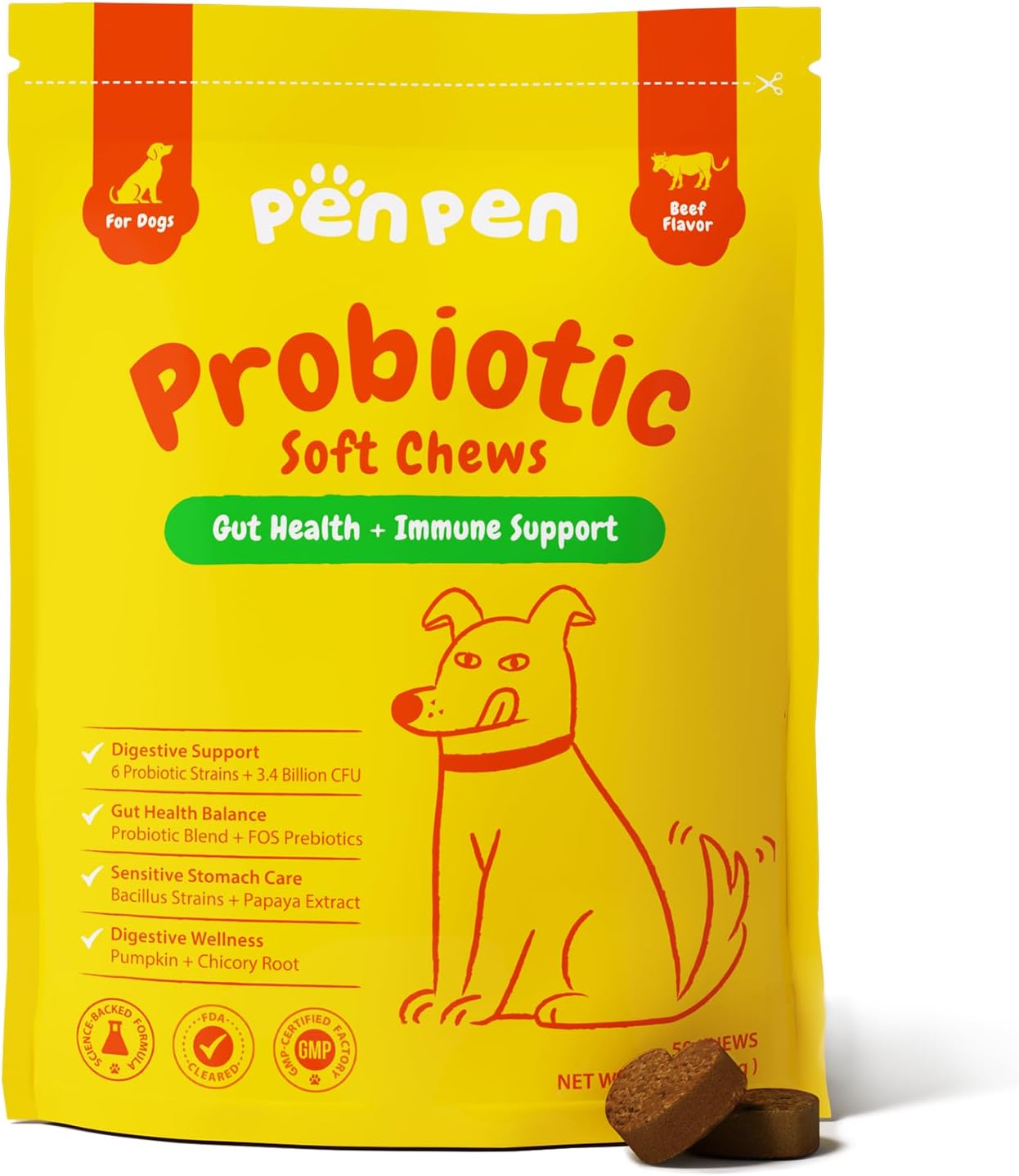Penpen Probiotics for Dogs, Dogs Probiotics for Digestive Health, Multi-Probiotic and Enzyme Blend Promote Gut Health & Immune Support, Eases Sensitive Stomachs (Beef Chews, 50ct)