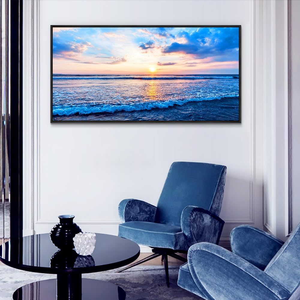 Wapluam Bedroom Decor: Blue Beach Sea Waves Landscape Canvas Print, Large Wall Art, Ready To Hang, Black Framed