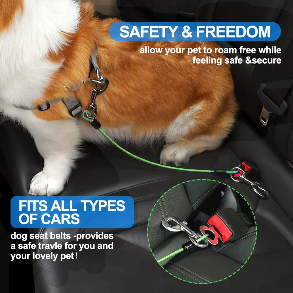 Dog Seat Belt Harness for Car,Dog Seatbelt of Coated Wire Leash Safety Restraint,No Chew Tether Cable Vehicle,Double Clips & Latch (Green, 32 inch/80 CM)