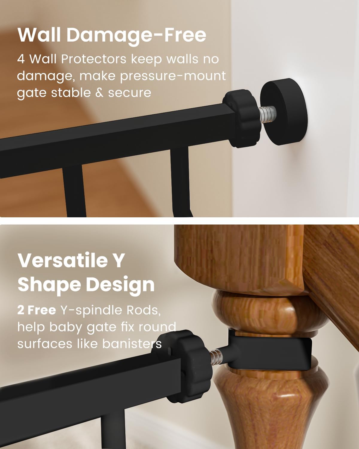 Mom's Choice-GROWNSY Baby Gate for Stairs, 29.5"-48.4" Pressure Mounted Baby Gate for Top of Stair&Doorway with Y-Spindle Rods, Anti-Trip Pedal, Wide Stairs Dog Gate Easy Install w/Red Reminder,Black