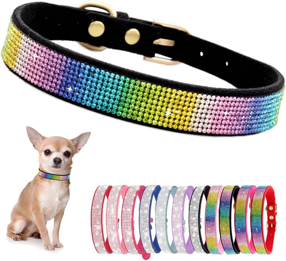 Rhinestone Dog Collar for Small Dogs, Bling Diamond Fancy Crystal Glitter Pretty Jewel Pet Puppy Collars for XXS XS Small Medium Large Breed Girl Dogs Female Cats Kitten, Colorful Black M