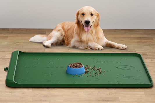 Dog Food Mat - Silicone Dog Mat for Food and Water - 36" x 24" Large Pet Feeding Mats with Residue Collection Pocket - Waterproof Dog Cat Bowl Mat with High Edges to Prevent Water Food Spills (Green)
