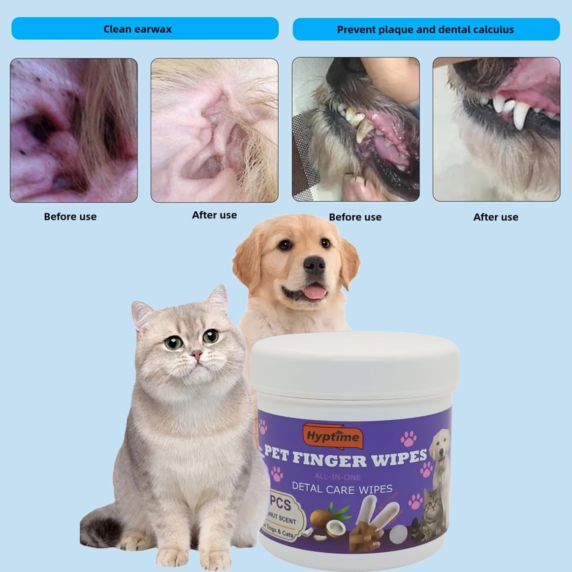 Pet Teeth Cleaning Finger Wet Wipes for Dogs and Cats Easy Oral Care Ear Eye Soft Disposable Wipe Dog Cat Toothbrush Cleaner Safe Non-Irritating Grooming Kit Care 60 Counts