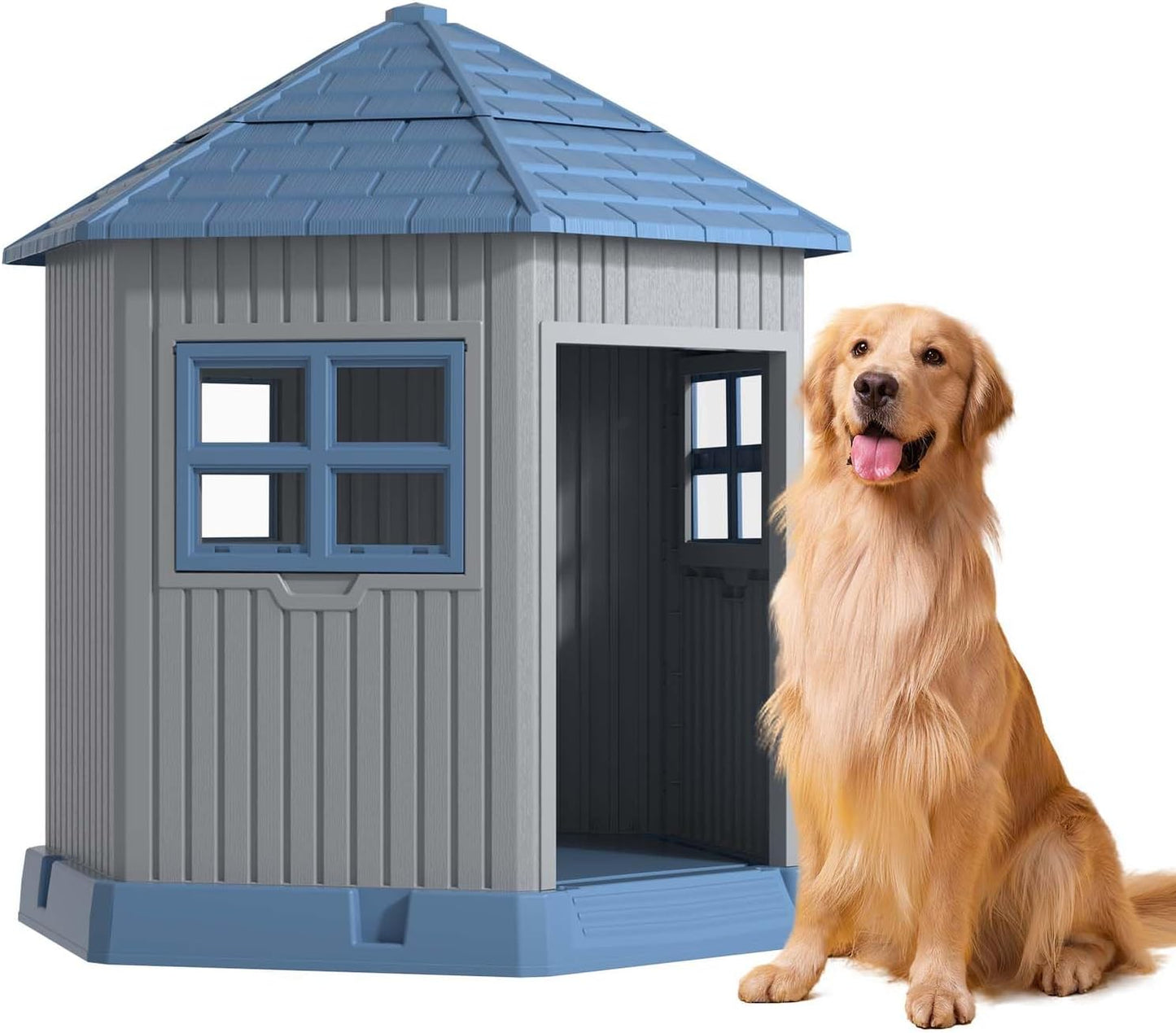 Vixzen Large Outdoor Dog House,Durable Water Resistant Resin Dog House,Doghouse for Small to Large Dogs Indoor or Outside,with Openable Windows and Elevated Floor,Blue