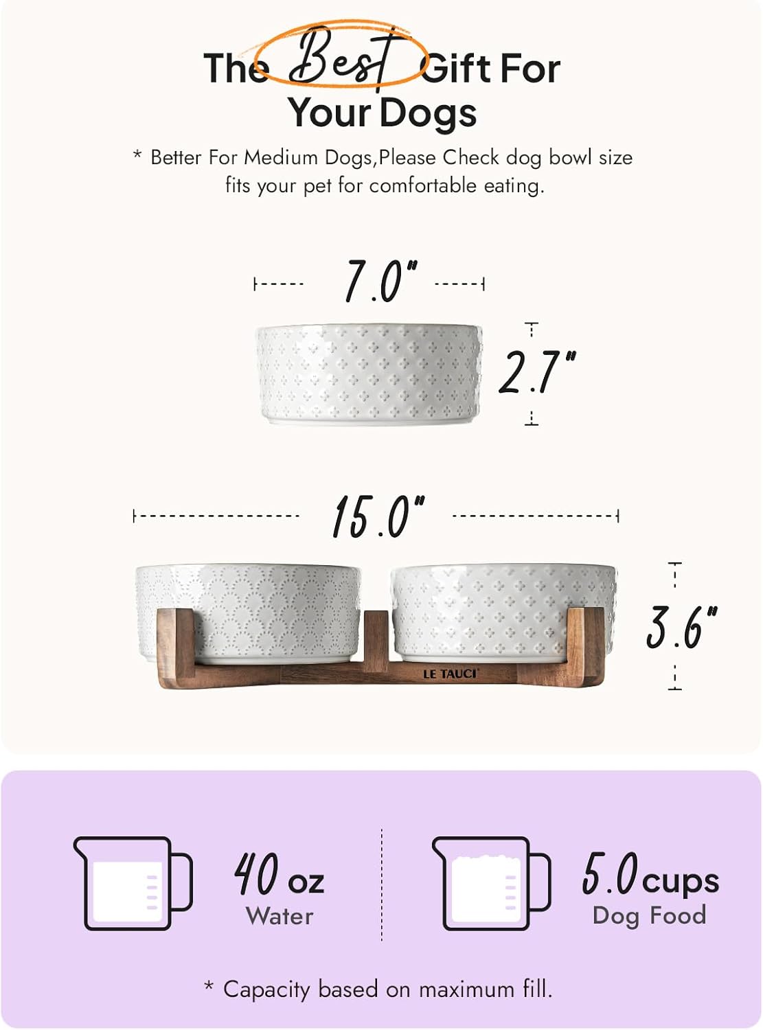 LE TAUCI Ceramic Dog Bowls with Acacia Wood Stand - 7 Inch Food & Water Set for Medium-Large Dogs - Weighted Pet Bowls