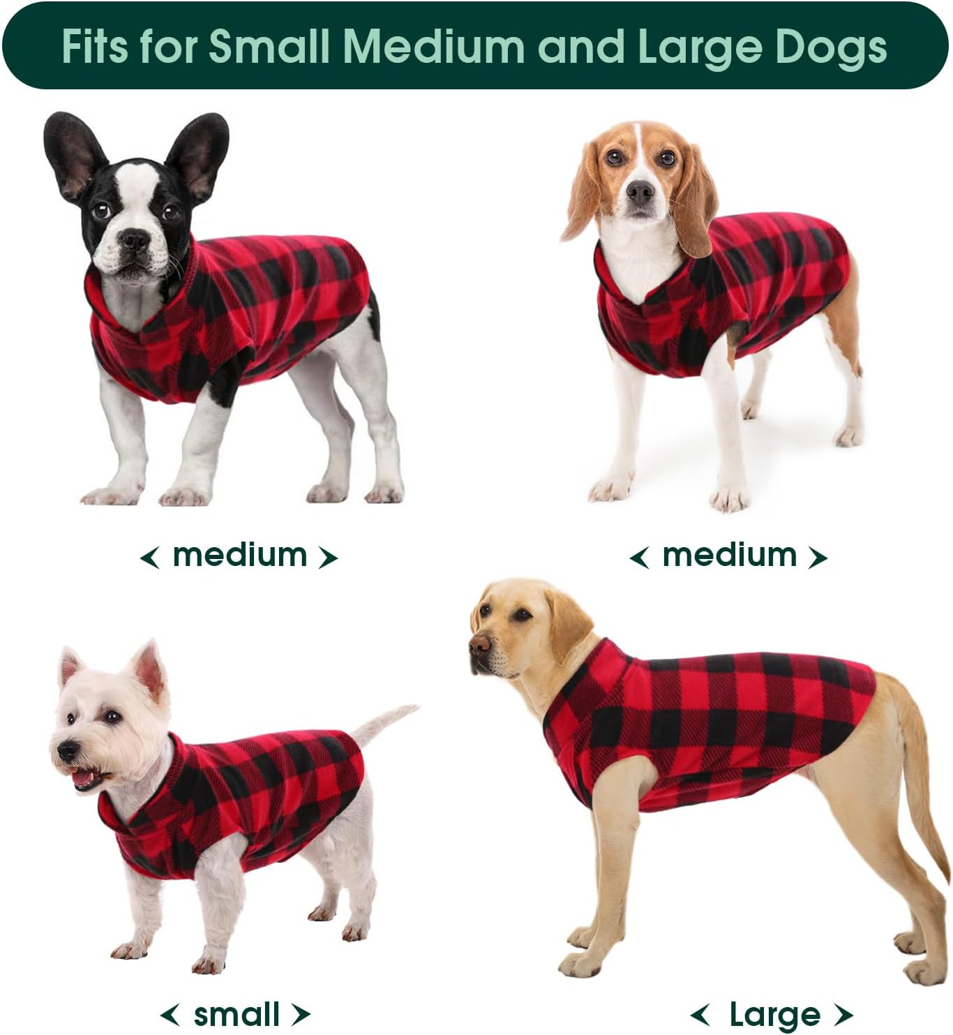Kuoser Dog Fleece Vest,Warm Plaid Dog Sweater with Leash Hole,Soft Turtleneck Winter Pet Jacket Dogs Coat Pullover Clothes for Small Medium Dogs Cats,Spring Fall Cold Weather Christmas Outfit,Red L