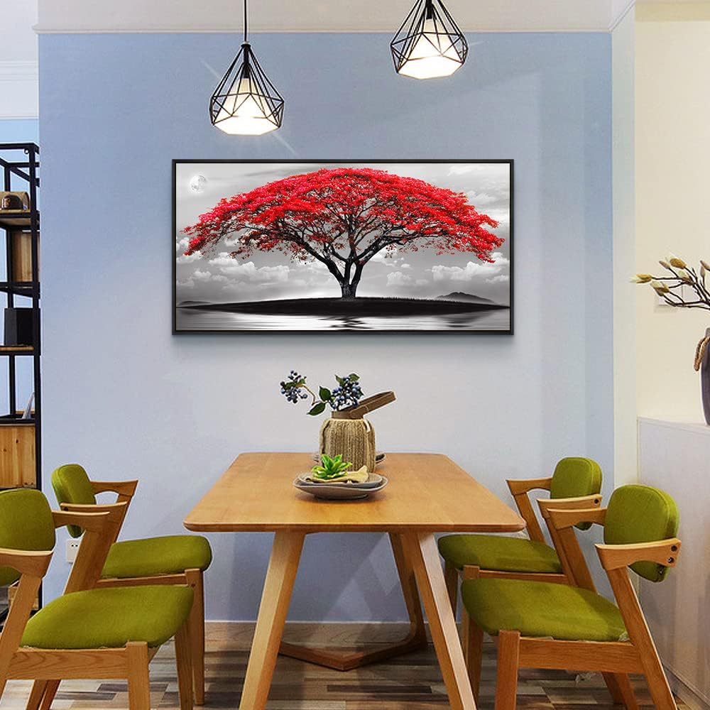 Framed Canvas Wall Art For Living Room Bathroom Wall Decor Black And White Landscape Red Tree Moon Scenery Hang Painting Home Decorations For Office Bedroom Kitchen Works Canvas Prints Pictures