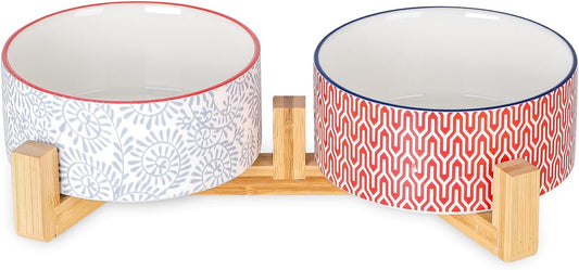 Selamica Ceramic 30 OZ Dog Bowls, Dog Food and Water Bowls with Wooden Stand, Anti-Slip Dog Dishes Set for Cats Small & Medium Sized Dogs, Weighted Pet Bowls Set of 2, Assorted Colors B