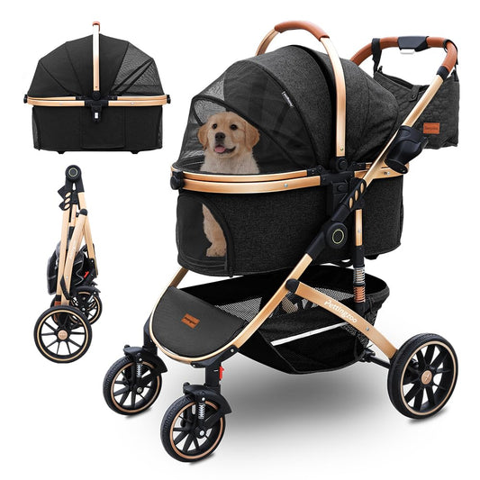 Pettingzoo Dog stroller with 4 Wheels, Folding Cat Stroller for Small/Medium/Large dogs & cats to 60 lbs, pet stroller with removable carrier, Storage Basket,Cup Holder,3 in1 Multifunctiona Detachable