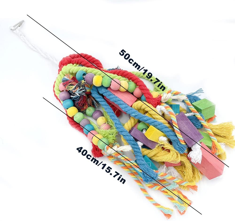 20.5 inch Parrot Chewing Toys - Wooden Block Tearing and Cotton Rope Toys for Medium Large Extra Large Parrot Conures African Grey Amazon Cockatoo and Macaw