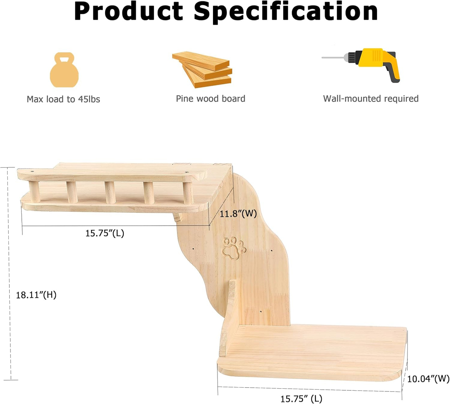 Cat Wall Perches, 2-Levels Corner Shelves Wall-Mounted Platform with Scrathing Mat, Wood Furniture for Indoor Cats Climb,Play and Nap (Left)