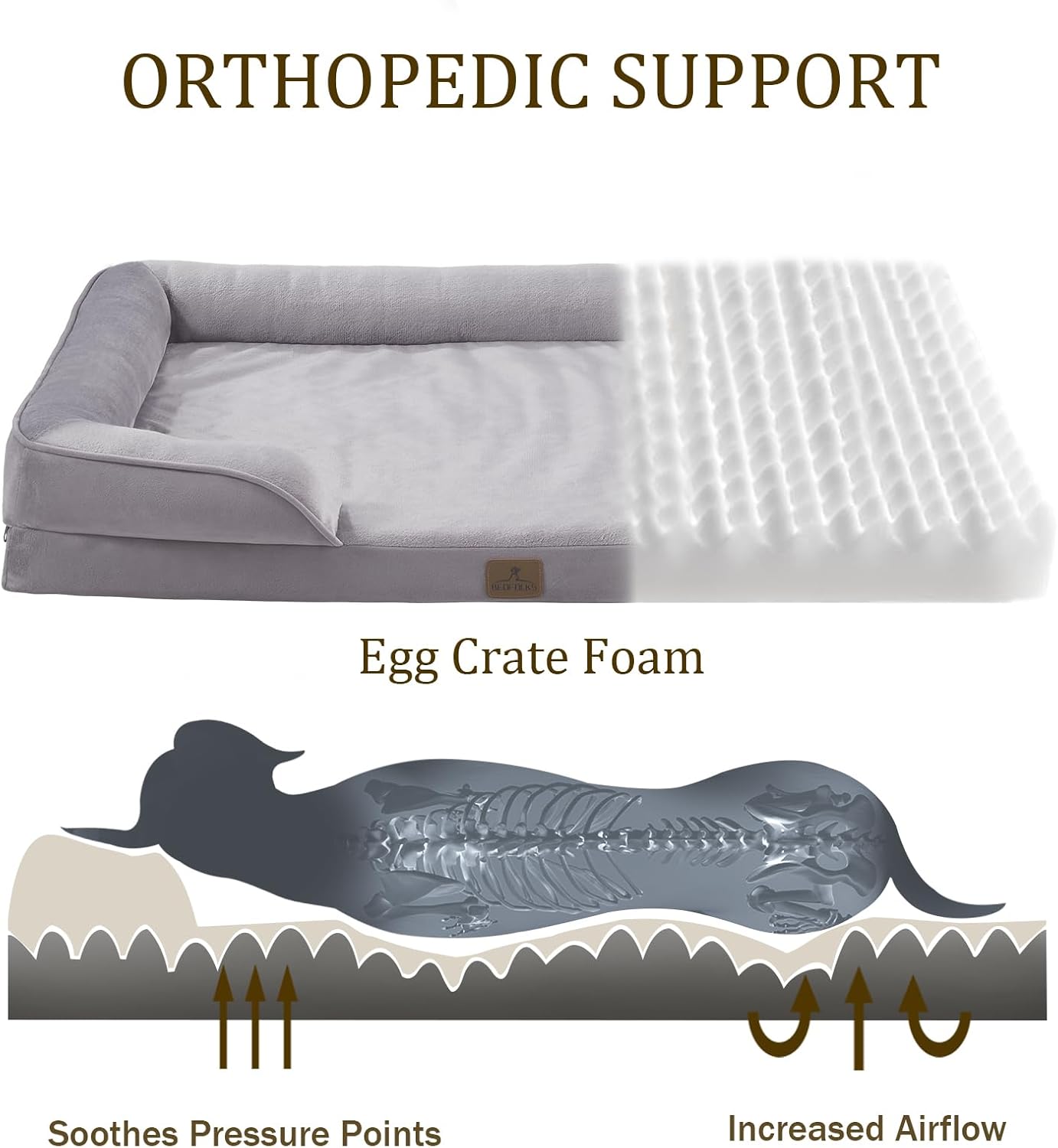 Bedfolks Orthopedic Dog Bed XL, Waterproof Dog Sofa Bed for Extra Large Dogs, Egg Foam Pet Couch Bed with Removable Washable Cover and Nonslip Bottom, Light Grey