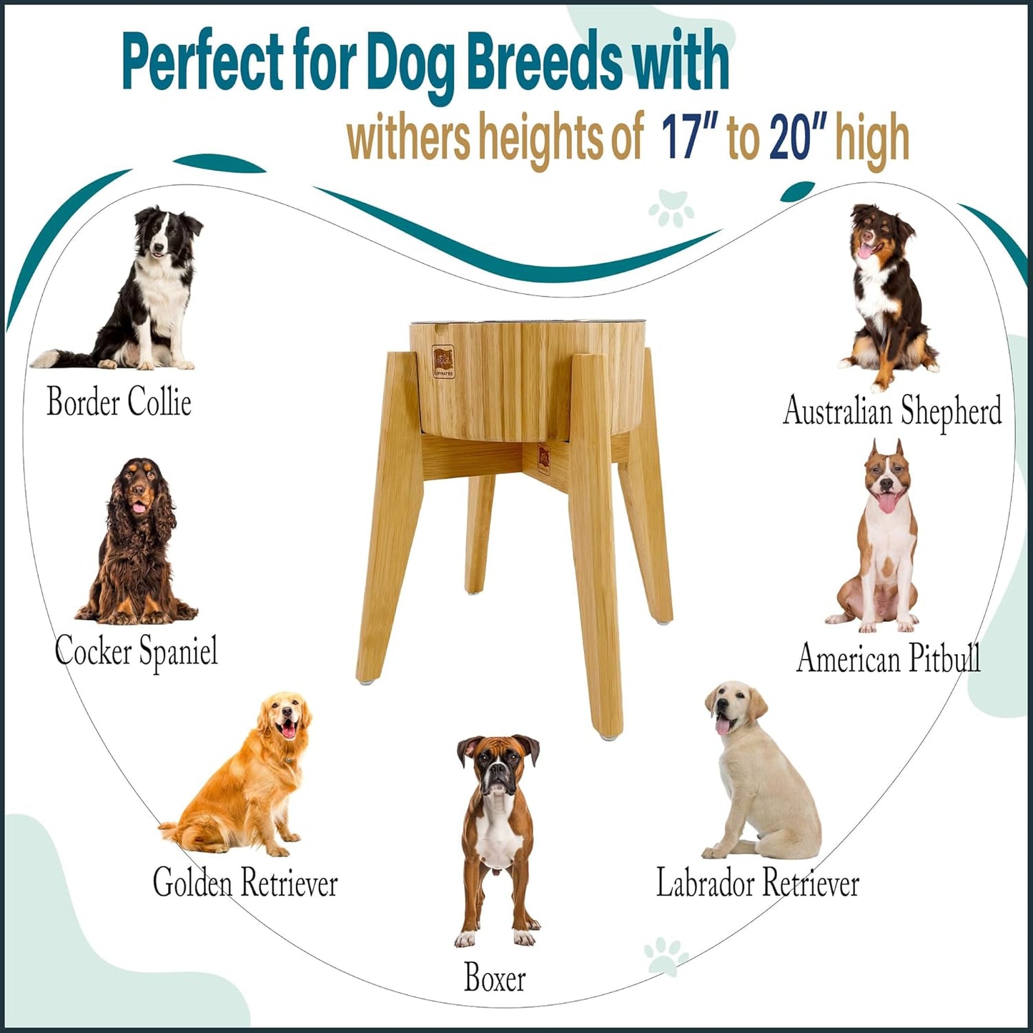 Slow Feeder Dog Bowls for Large Breed - Elevated, Raised 12-inch High - Bamboo Bowl with [60-oz Cap] Stainless Steel Inner Dish, Slow Feeding Insert Pad and Single Stand