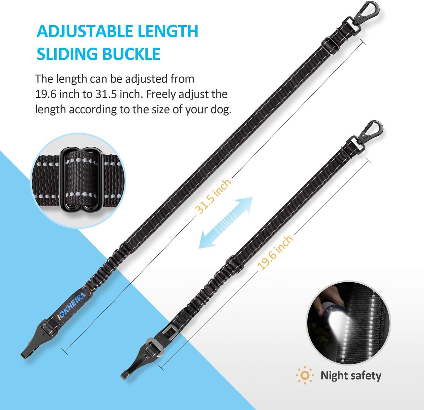 Dog Seat Belt 3-in-1 Car Harness for Dogs Adjustable Safety Seatbelt for Car Nylon Reflective Bungee Fabric Dog Car Harness with Clip Hook Latch & Buckle, Swivel Zinc Alloy Carabiner (Black)