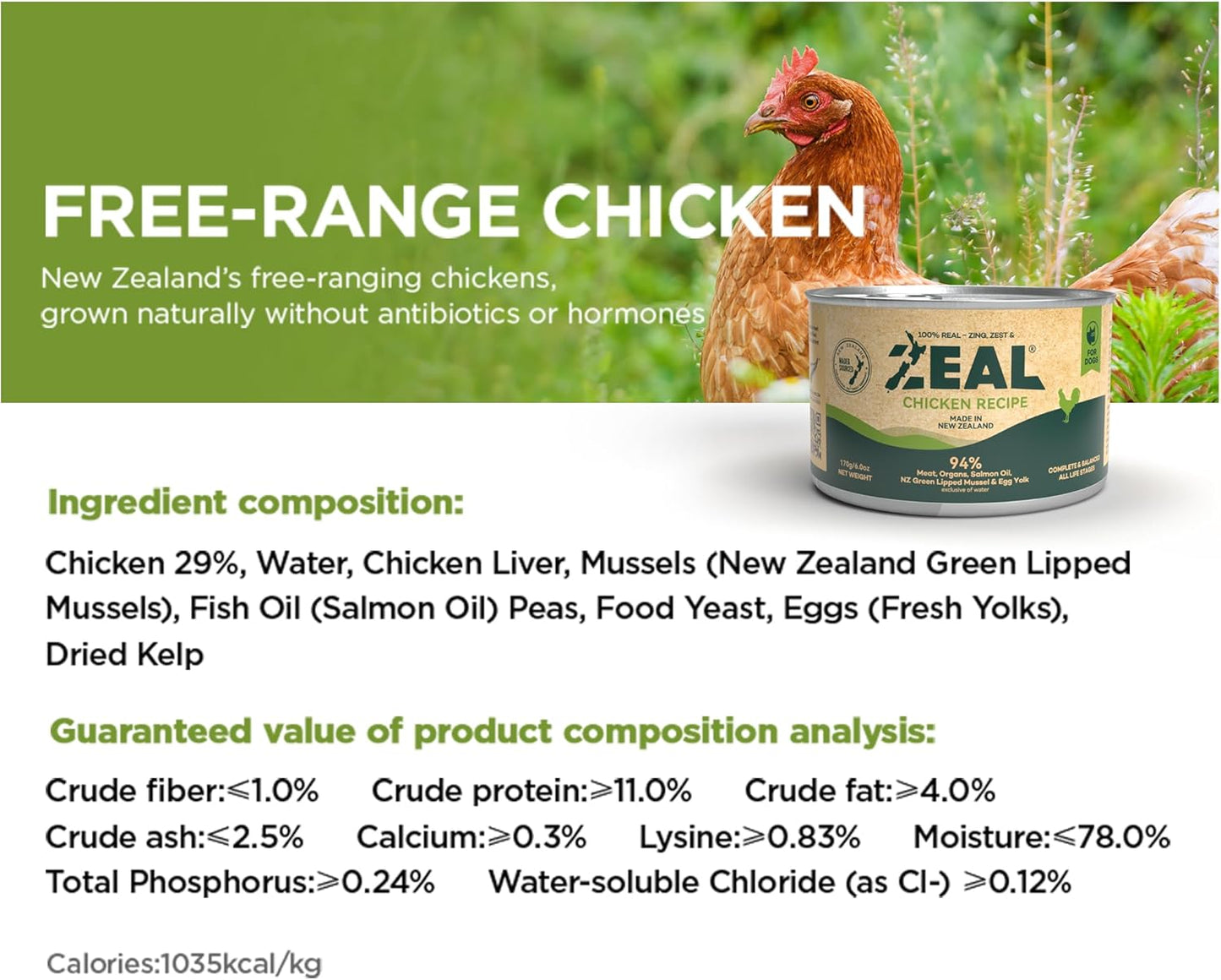 ZEAL New Zealand Canned Wet Dog Food – High Protein, Pure Nutrition, Grain-Free with Superfoods (Chicken, 6oz Can, 12-Pack Tray)