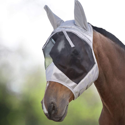 Harrison Howard CareMaster Horse Fly Mask Half Face with Ears Silver/Black Retro Medium Cob