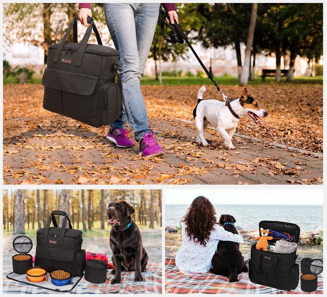 Dog Travel Bag by Modoker - Dog Travel Kit for a Weekend Away Set Includes Pet Travel Bag Organizer for Accessories, 2 Collapsible Bowls, 2 Travel Food Container (Black)