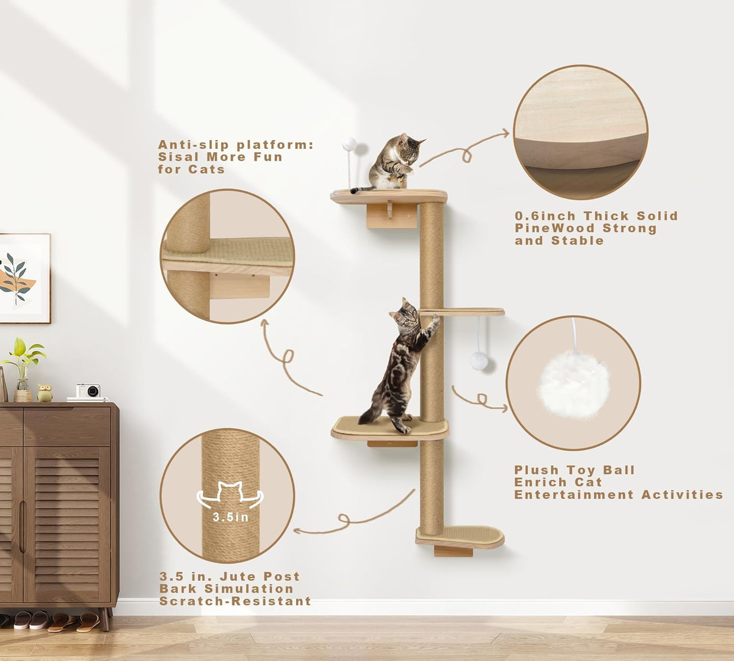 Cat Wall Shelves & Climber for Kittens – 4-Level Wall Mounted Cat Tree with Natural Sisal Pads, Adjustable Tower for Indoor Cats Up to 30lbs, Cat Wall Furniture System