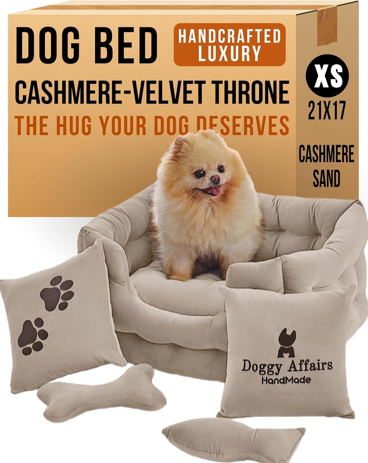 Luxury Dog Bed Chesterfield – Handcrafted Velvet Throne for Dogs | Joint Support, Calming & Temp-Regulating Comfort | Durable 5+ Years, Anti-Claw, Washable 100+ Times –Ivory, Size: XS