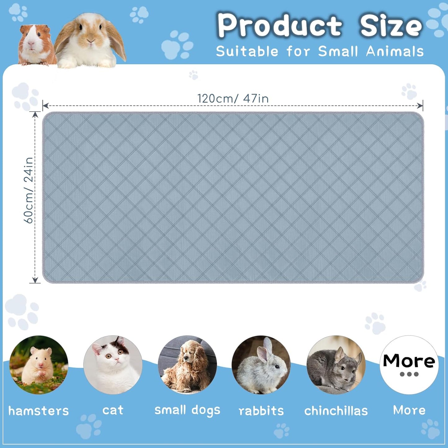 3 Packs Washable Guinea Pig Cage Liners, Waterproof Guinea Pig Pee Pads Reusable Absorbent Bedding Anti Slip Mats for Small Animals Bunny Rabbit Hamster (47 x 24in)