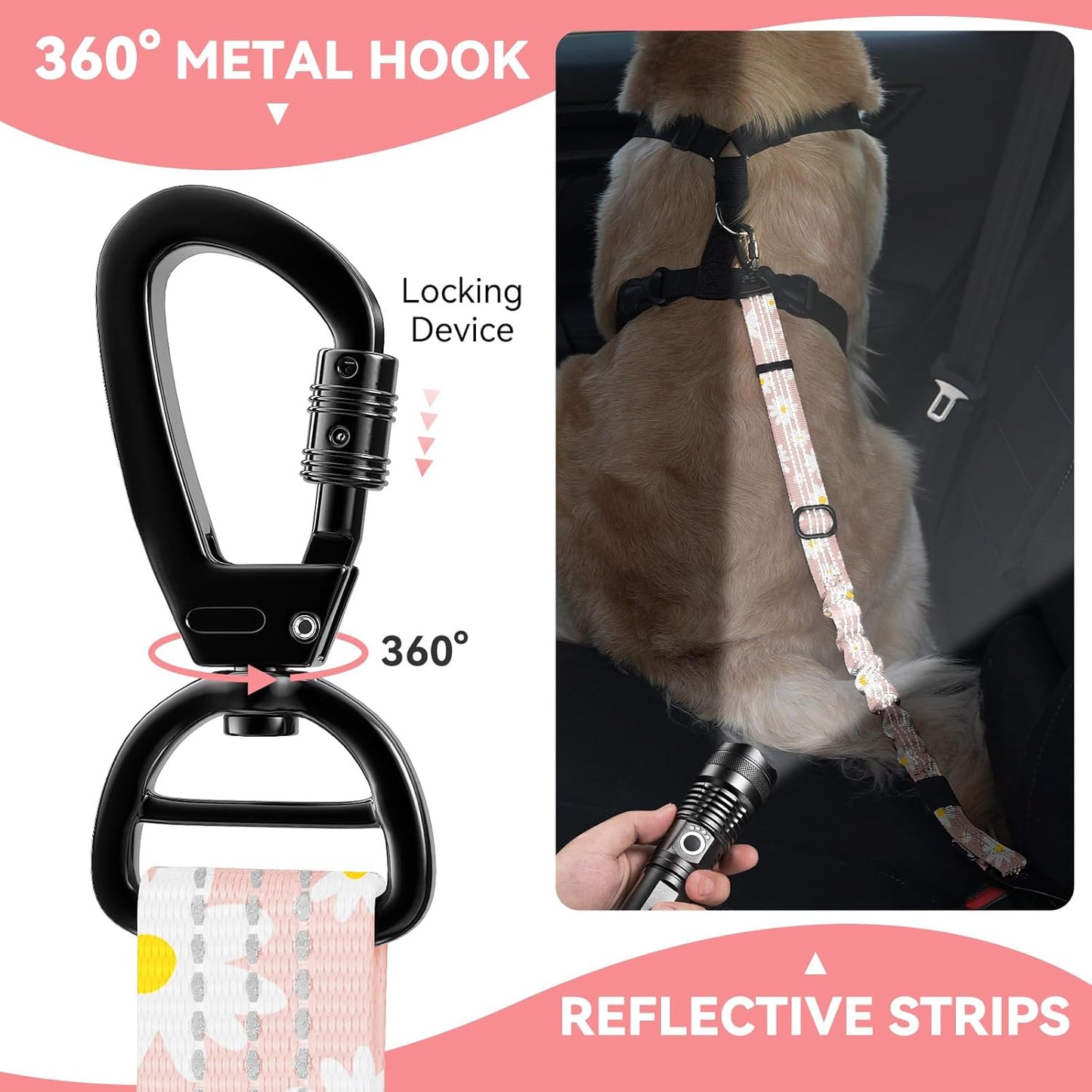 Pawaboo Dog Seatbelt for Car, 3-in-1 Dog Seat Belt Bungee, Shockproof Dogs Tether for Car with Buckle & Hook Latch, Adjustable Reflective Dogs Cars Harness Leash with 360° Lockable Buckle, Light Pink