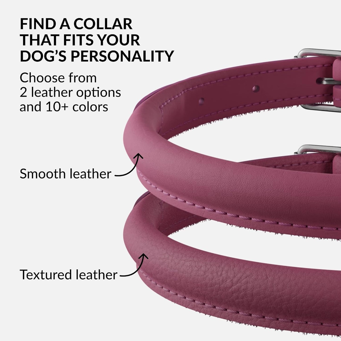 CollarDirect Rolled Leather Dog Collar, Soft Padded Round Puppy Collar, Handmade Genuine Leather Collar Dog Small Large Cat Collars 13 Colors (15-19 Inch, Pink Smooth)